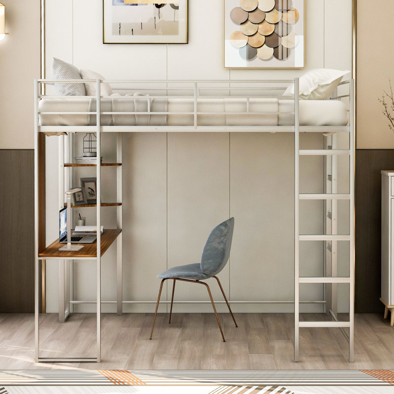 Lit mezzanine double en métal pleine grandeur argenté avec bureau et tablettes, Argent/Brun