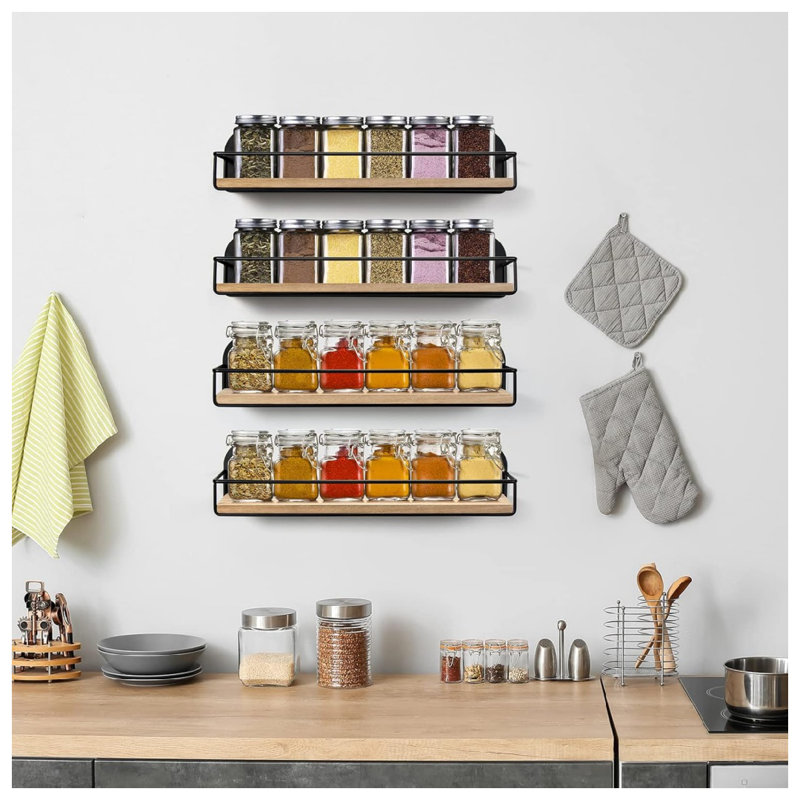 Ensemble de 4 étagères à épices suspendues de style rustique à fixation murale pour le mur, rangement pour épices de cuisine, noir