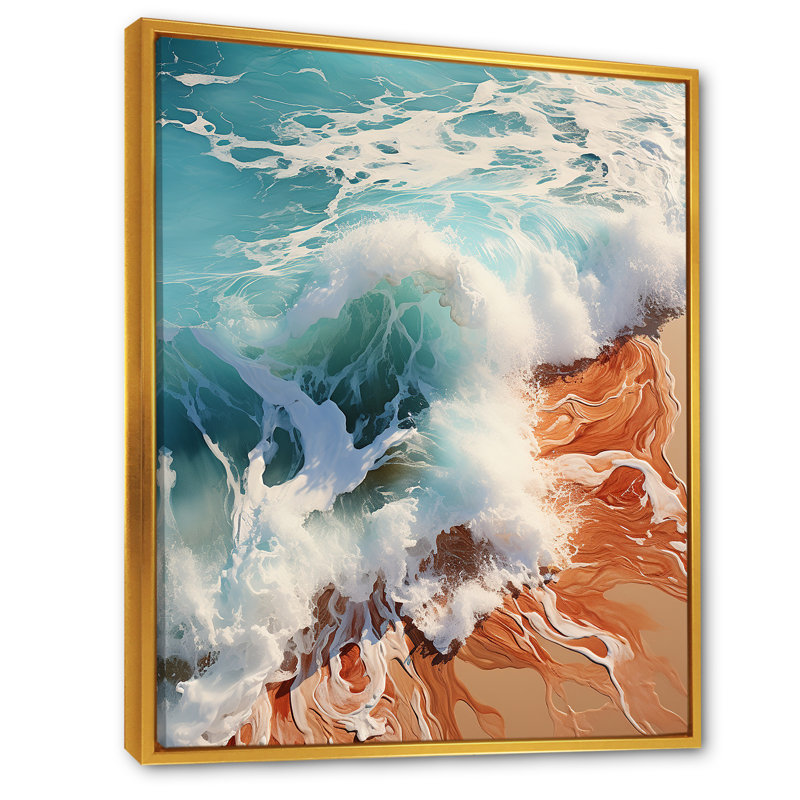 «Tropical Ocean Breeze From Above III», art mural plage et océan, Cadre flottant doré, H 40 po x l 30 po x P 1,5 po