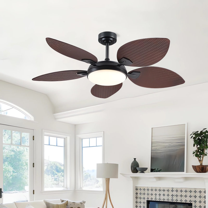52/62" Tropical Palm Leaf Dimmable Ceiling Fans 5-blade With Lights And Remote, 52" Wide, Dark Brown