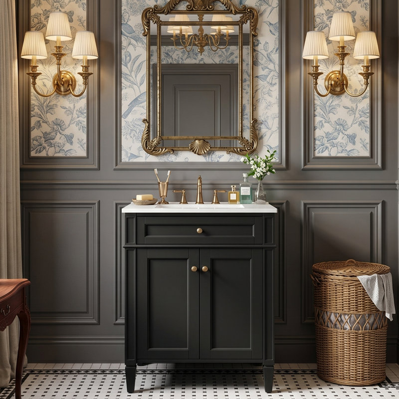 Meuble-lavabo autoportant blanc moderne 24 po avec lavabo en céramique, tiroir coulissant et 2 portes à fermeture en douceur avec rangement