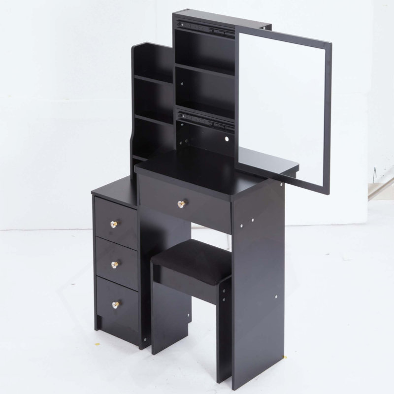 Petit meuble-lavabo à gauche avec tabouret de chevet + tabouret rembourré, très grand miroir coulissant à droite, rangement multi-couches à grande capacité, commode pratique et pratique, convient aux petits espaces