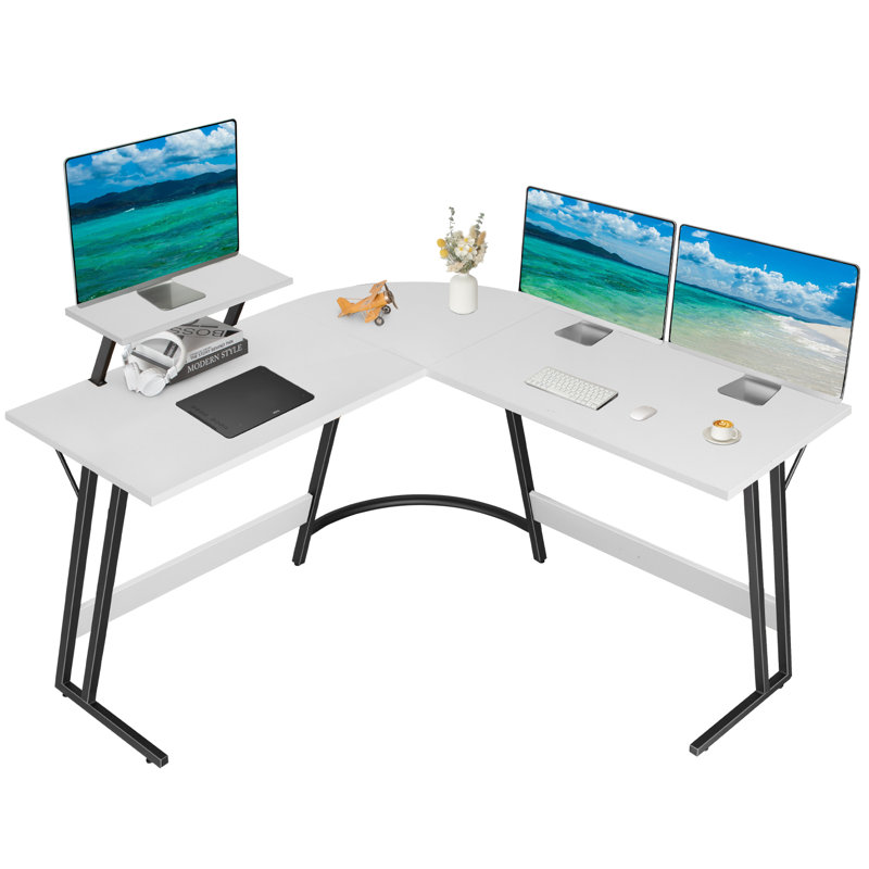 White Metal L-Shaped Corner Computer Desk with Movable Monitor Stand