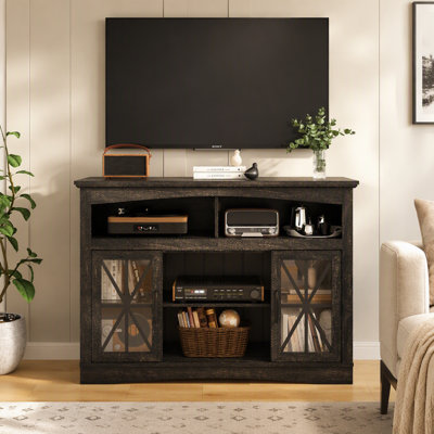 47'' Farmhouse TV Stand with Adjustable Shelves, Retro TV Console with Glass Doors & LED Lights, Media Entertainment Center Storage Cabinet for Living Room, Bedroom, Kitchen, Brown