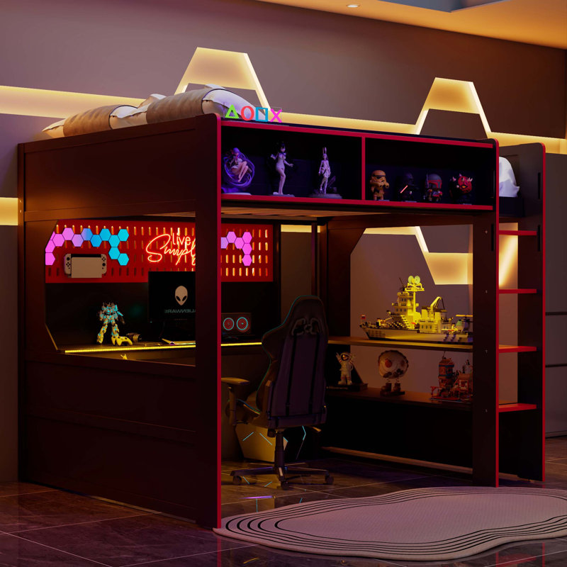 Lit mezzanine Modern Gaming avec bureau intégré et éclairage DEL, Black;Red