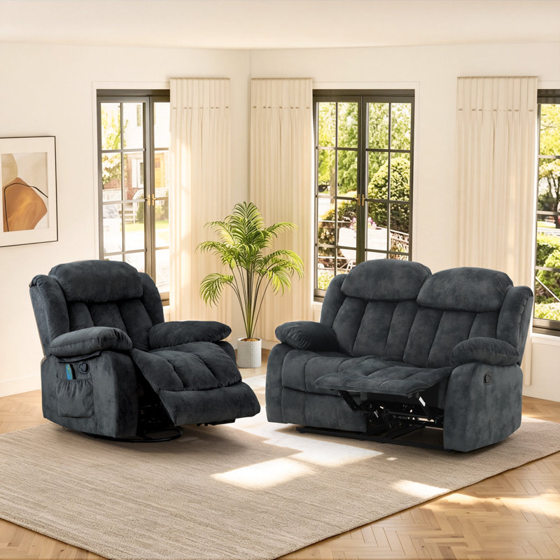 Ensemble de salon manuel en microfibre 2 pièces avec fauteuil inclinable chauffant à massage et causeuse manuelle
