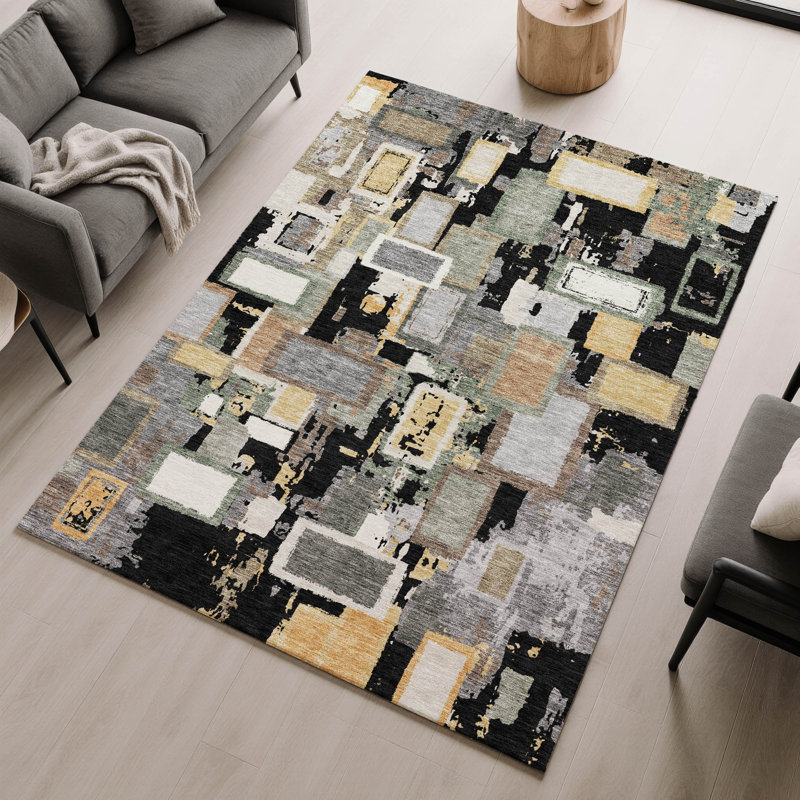 Premium Machine Washable Mayfield AMF2246 Geometric Rug, Black, 10' x 14'