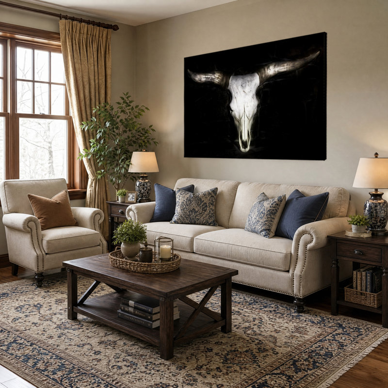 Crâne et cornes, art mural sur toile, prêt à accrocher, salon, chambre à coucher, décoration intérieure, 12 po x 18 po