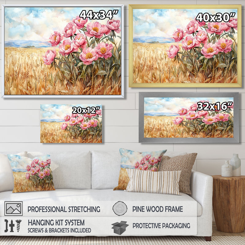 Inde pivoines dans le champ de blé I - pivoines, art mural, Brun, H 12 po x l 20 po, Impression encadrée flottante