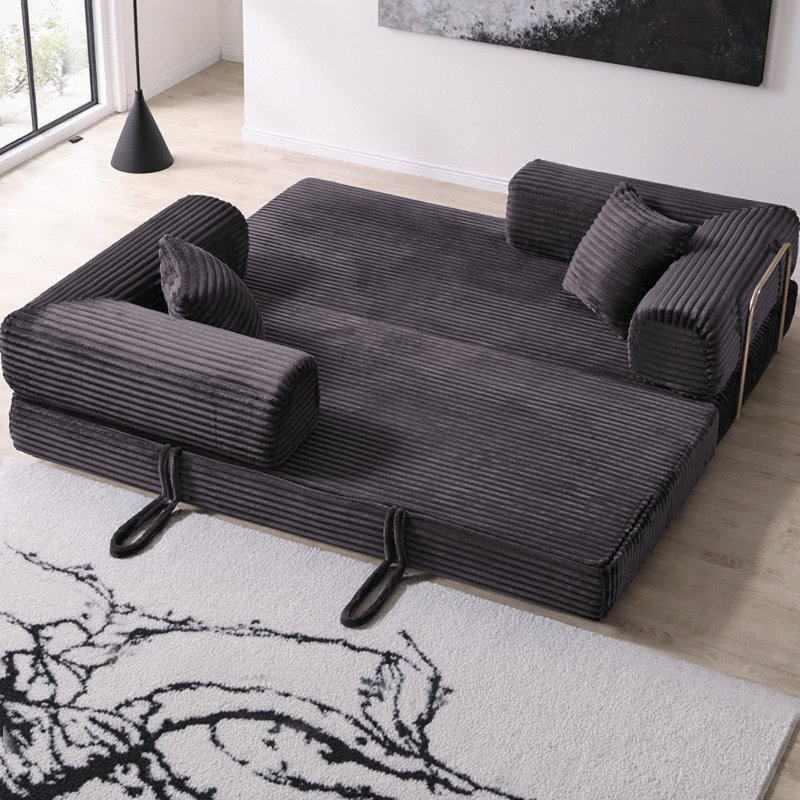 Futon convertible en velours côtelé de 80 po avec oreiller et accoudoirs, canapé-lit à compression, aucun assemblage requis, canapé-lit 2 en 1 pour le salon et la chambre à coucher