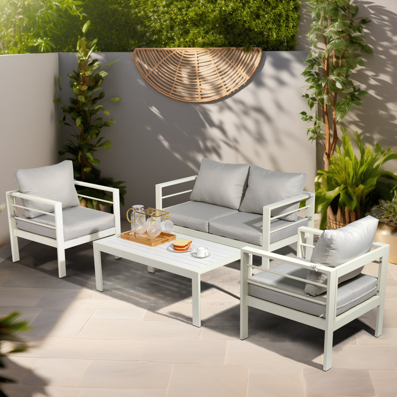 Berget 4 - Person Patio Conversation Set with Cushions, White Frame/Light Gray Cushion