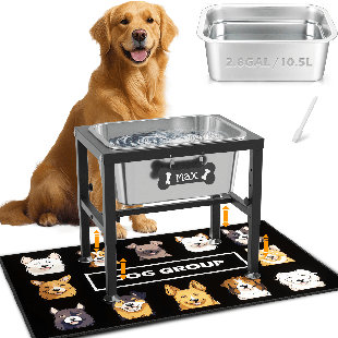 2.8 Gallon Elevated Dog Water Bowl for Extra Large Dogs,4-Height Adjustable (9.4"-11"-12.6"–14.2") Raised Stainless Steel Bowl Stand with Spill-Proof Mat
