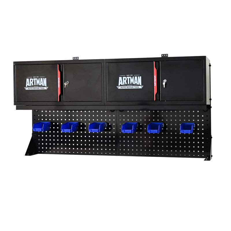 Wall-Mounted Tool Cabinet with Pegboard Organizer - Heavy-Duty Steel Garage Storage System with Double Doors, Tool Rack and Hanging Hooks (Black & Red)