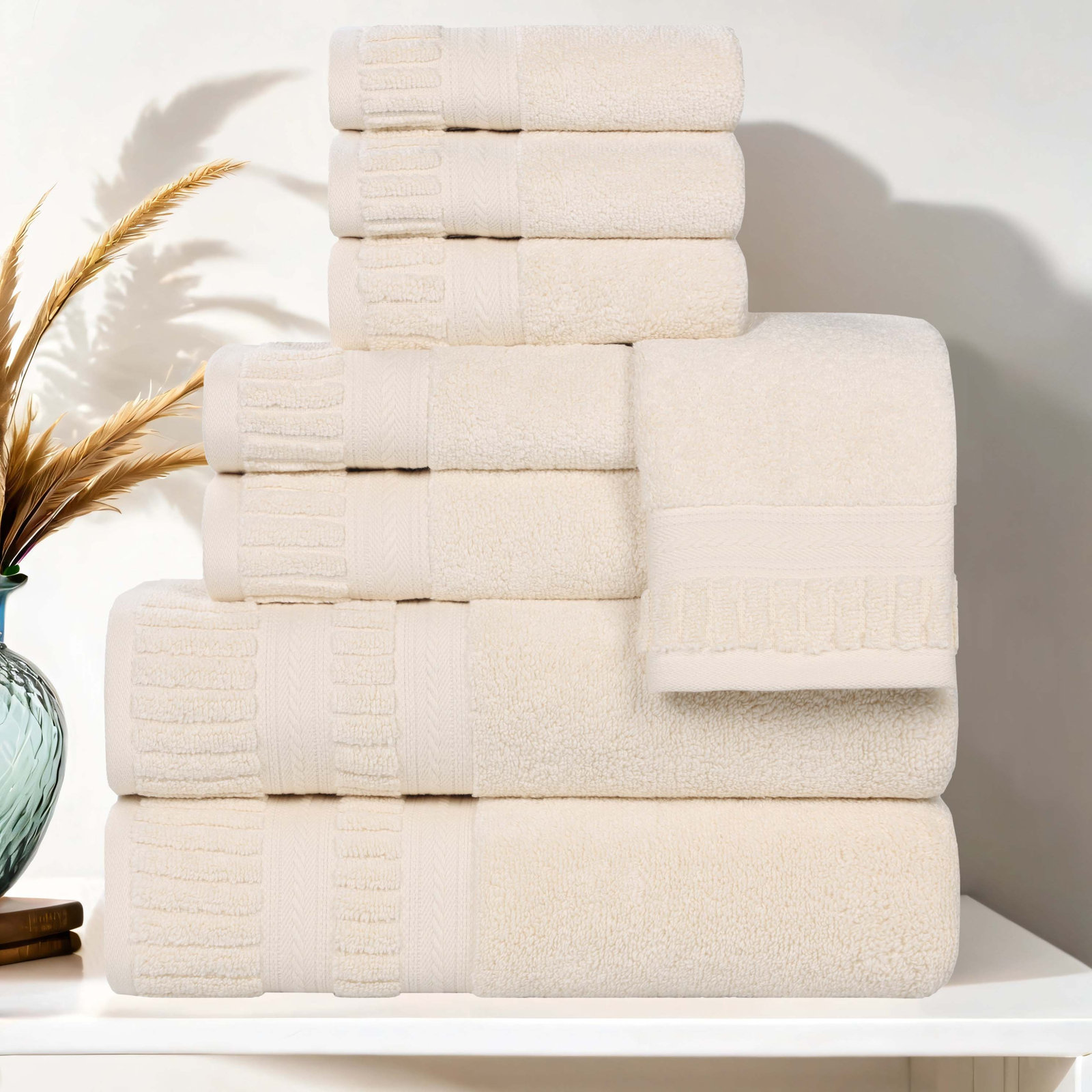 Venice Zero Twist Cotton Medium Weight Soft Absorbent Towel Set, Ivory, 8 Piece Towel Set