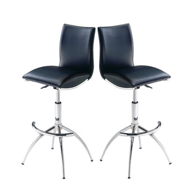 2 Piece Contemporary Bar Chairs, Black Pu Upholstery, Metal Frame, Adjustable 26"-30" Height, Easy To Manage 2 Stools, Covering, 26"-30", Foam-filled Seat For Comfort