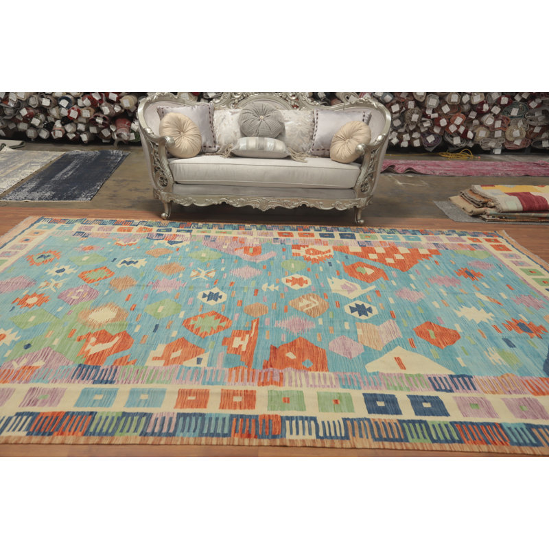 Tapis kilim bleu clair tissé à plat 10 x 13 po