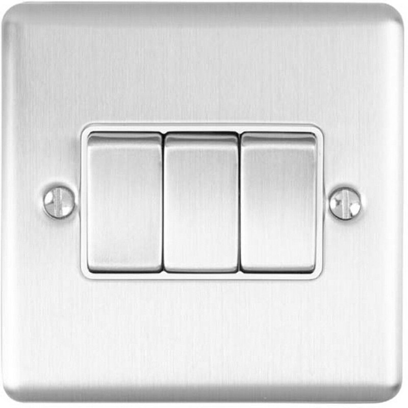 3 PACK 3 Gang Triple Metal Light Switch SATIN STEEL 2 Way 10A Black Trim, Satin, Silver/White