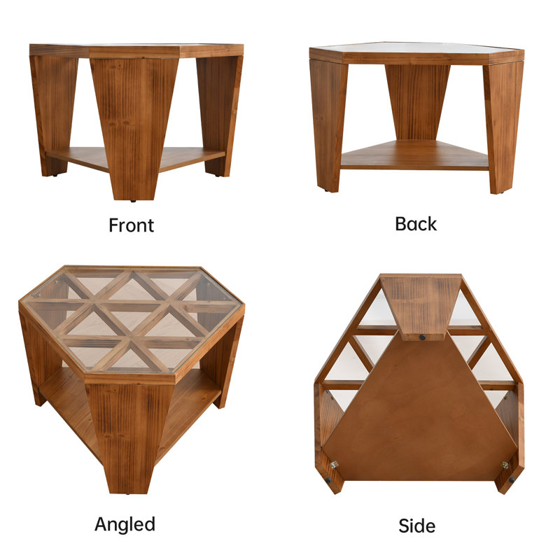 Hexagon Solid Wood Tempered Glass Coffee Table with Storage Shelf, Warm Natural