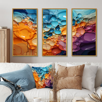 Symphony Orange And Blue Drip Painting - Drip Painting Wall Art Set