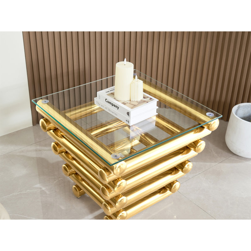 24 po, table de bout carrée moderne en acier inoxydable, table d'appoint en verre trempé transparent, table basse de salon, style moderne, doré
