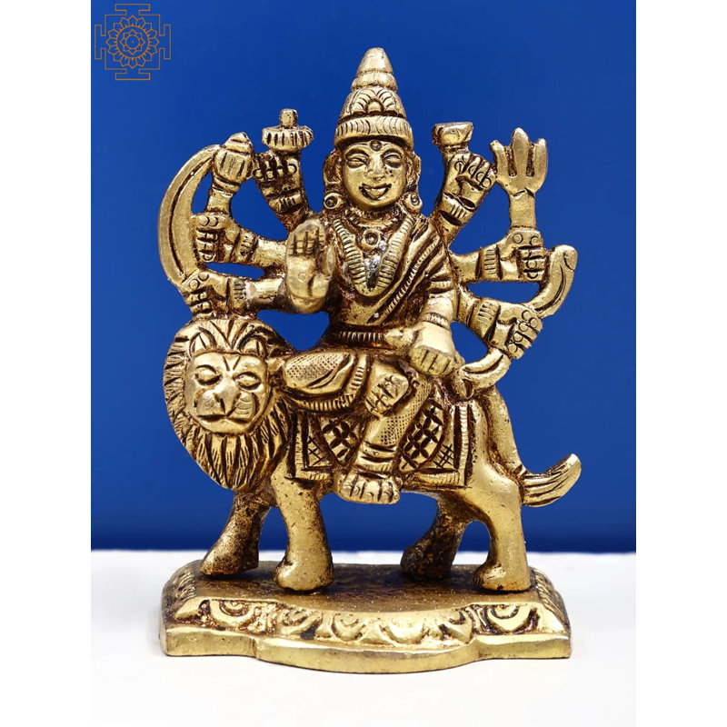 3 "petite déesse en laiton Durga - divinité Ashtabhuja fabriquée à la main sur un lion pour la protection et la décoration d'un autel