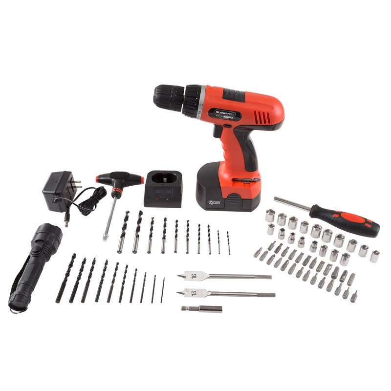Ensemble de perceuse sans fil 18 V - Ensemble d'outils 78 pièces avec mèches, douilles, embouts de tournevis, lampe de poche, pile rechargeable et boîte à outils par Stalwart (rouge)