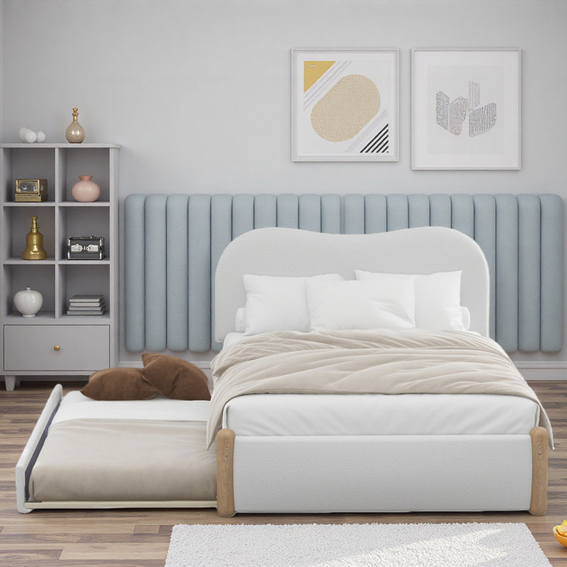 Upholstered Platform Bed With Trundle, White, Full