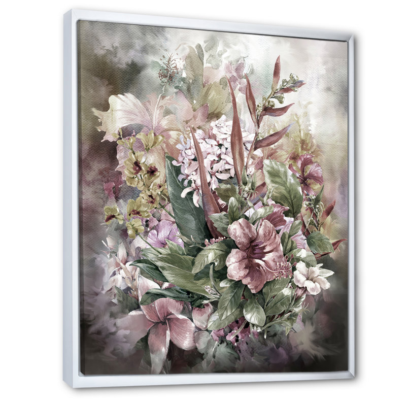 Grunge rose gris, fleurs d'été - décoration murale traditionnelle en toile, H 32 po x l 16 po x P 1 po, Cadre flottant blanc