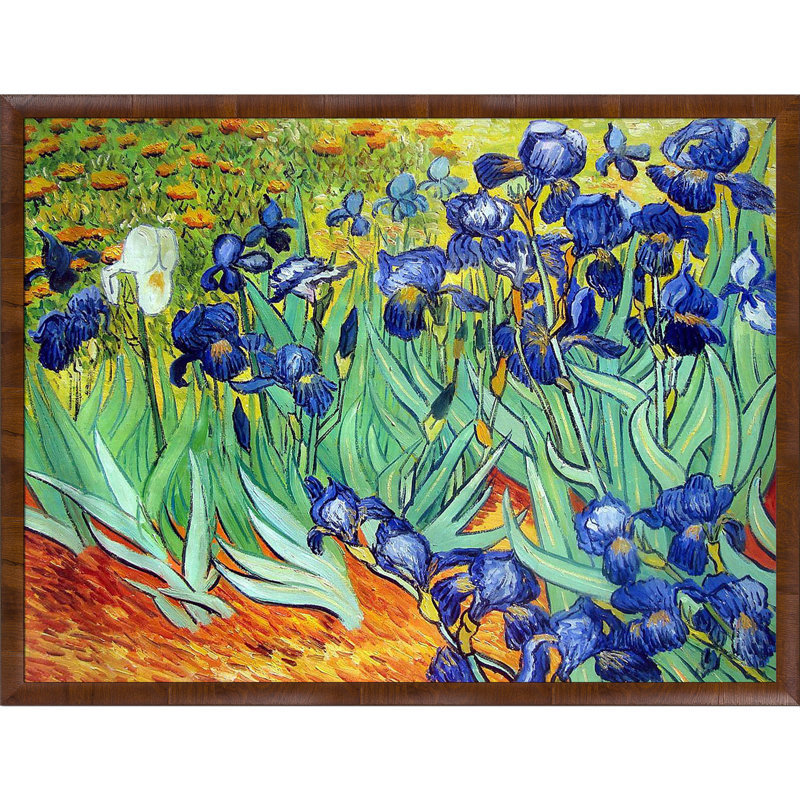 « irises » par vincent van gogh, peinture encadrée, H 39 po x l 51 po x P 2 po, Bois d'olivier Panzano