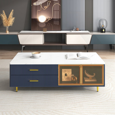 Table basse moderne bleu marine avec 2 portes de rangement en verre, 4 tiroirs, pieds en métal doré et éclairage multicolore de 47,2 po