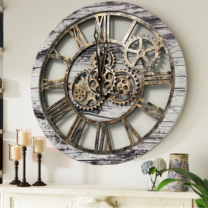 Oversized Grey and White Industrial Gear Wall Clock