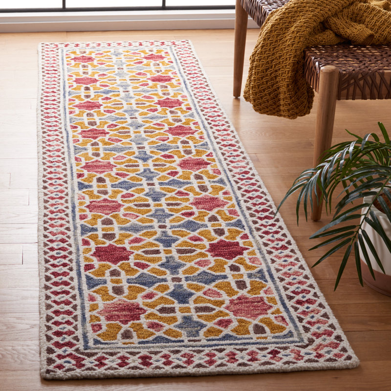 Tapis rouge / jaune en laine / coton touffeté à la main Bobbi-Jane, Tapis de couloir 2 pi 3 po x 9 pi