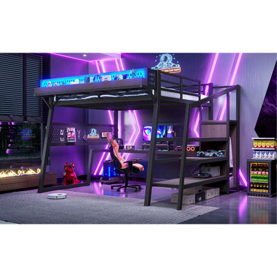 Grand lit mezzanine avec escalier de rangement, lit mezzanine de jeu avec tablettes perforées et garde-robe intégrée, cadre de lit mezzanine en métal avec ports USB et lumières DEL, conception à bruit réduit, noir