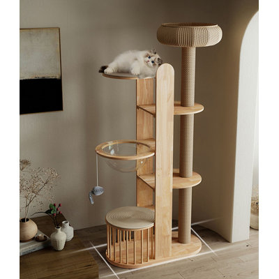 Minimalist Rubber Wood & Hemp Rope 7-Tier Household Cat Tree