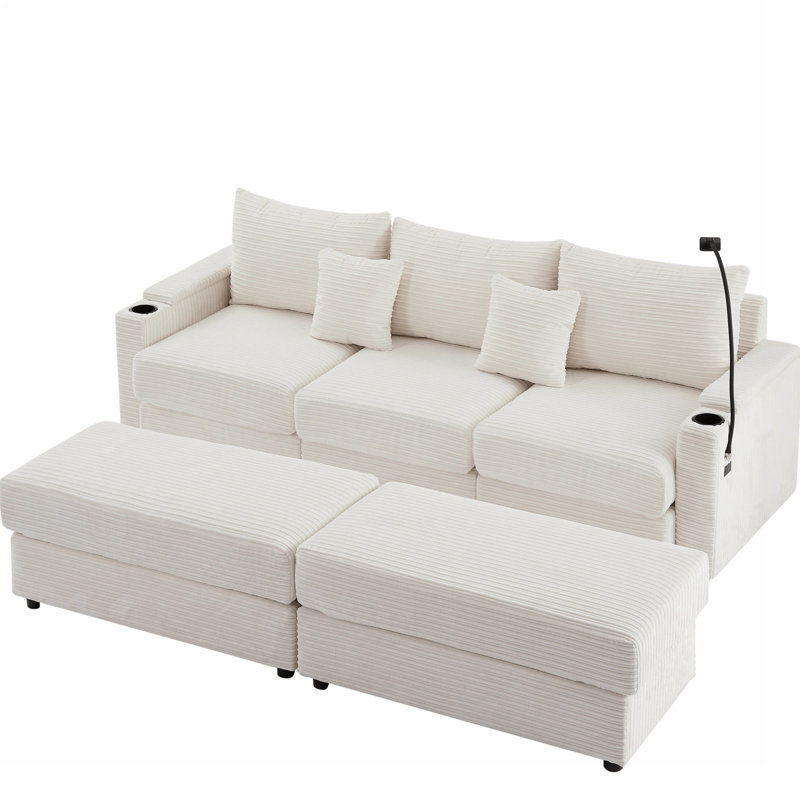 3 canapés modulaires avec compartiments de rangement, 2 repose-pieds mobiles, supports pour porte-gobelets, support pour téléphone, ports beiges, porte-gobelets, compartiments cachés