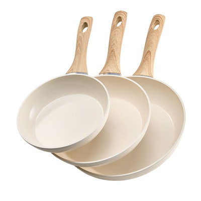 3 Piece Frying Pan Aluminium Skillet Set 20.3 22.9 27.9 cm Handle Pre-Seasoned Beige