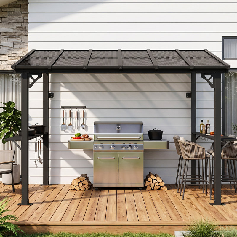 Pavillon de jardin 12 x 5 pi avec panneau en polycarbonate, auvent extérieur toutes saisons avec toit en acier incliné