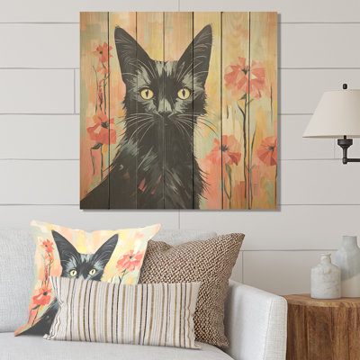 Black Cat In The Blooms - Cat On Wood Print