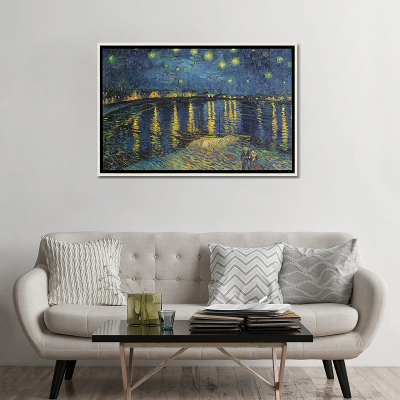 «Starry Night Over The Rhone», 1888 sur toile par Vincent Van Gogh, H 32 po x l 48 po x P 1,5 po, Encadrement blanc vieilli