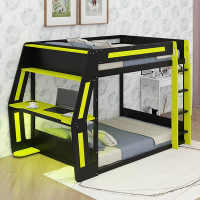 Lit superposé double pleine grandeur avec bureau latéral et ports de charge USB et bande lumineuse à DEL
