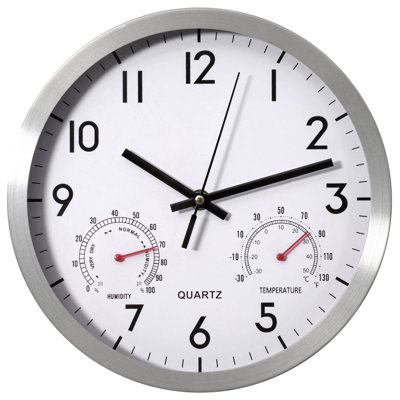 Horloge murale en quartz 10 pouces avec thermomètre et hygromètre Ebern Designs avec horloge analogique en aluminium à pile pour la surveillance de la température et de l'humidité - idéale pour la maison, le bureau ou l'école, argent