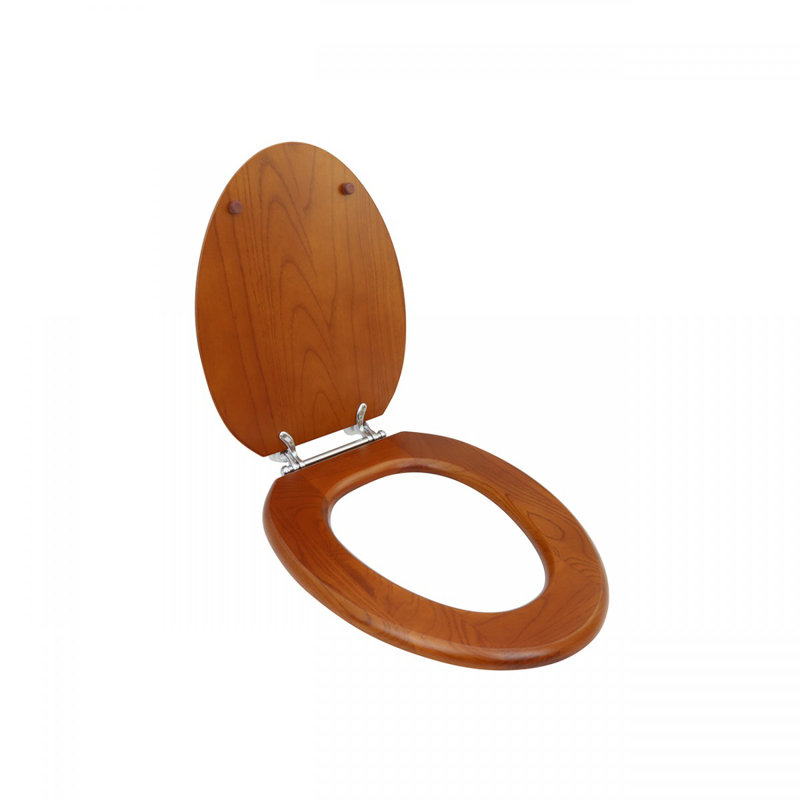 Light Mahogany Finish Wooden Elongated Toilet Seat with Chrome Hinges, Brown