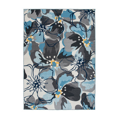 Florentia Floral Black/Gray/Cream Non-Slip Rubberback Area Rug