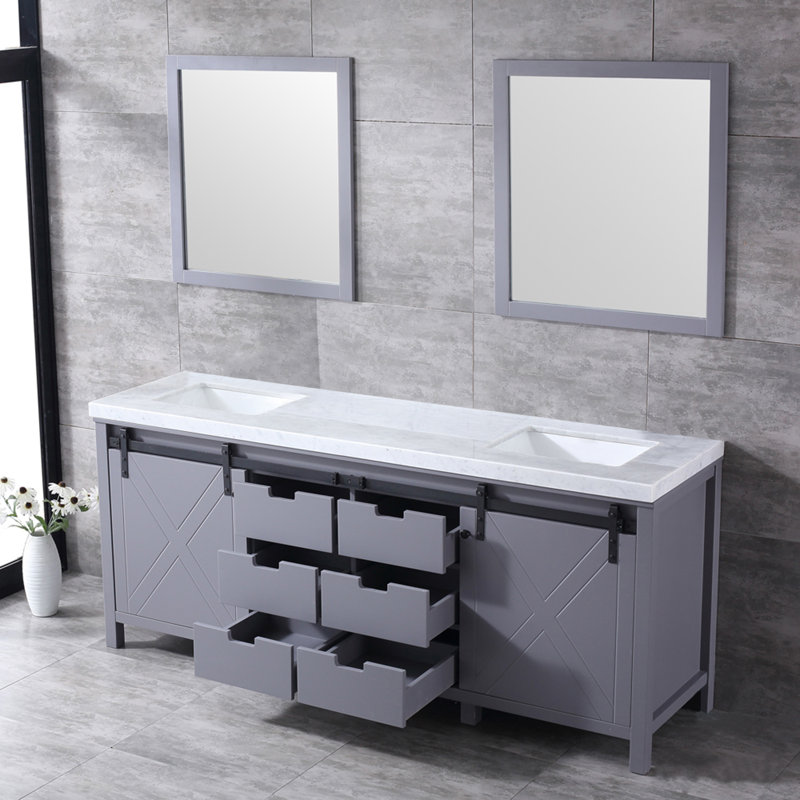 Marsyas 80 in W x 22 in D Double Bath Vanity and 30 in Mirrors, White Carrara Marble, Dark Gray