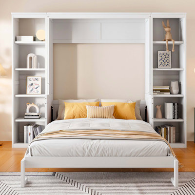 Grand lit escamotable pliable grand format avec bureau d'étude attaché et bibliothèque intégrée, blanc