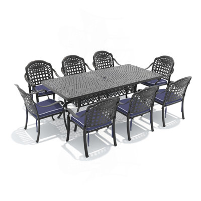 Ensemble de 9 meubles de patio en aluminium coulé avec cadre noir et coussins de siège bleus