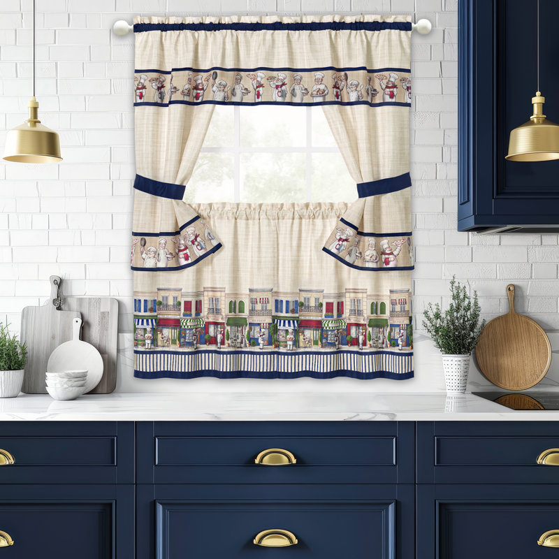 Bon Appetit - Printed Cottage Window Curtain Set - Navy, 57" W x 60" L