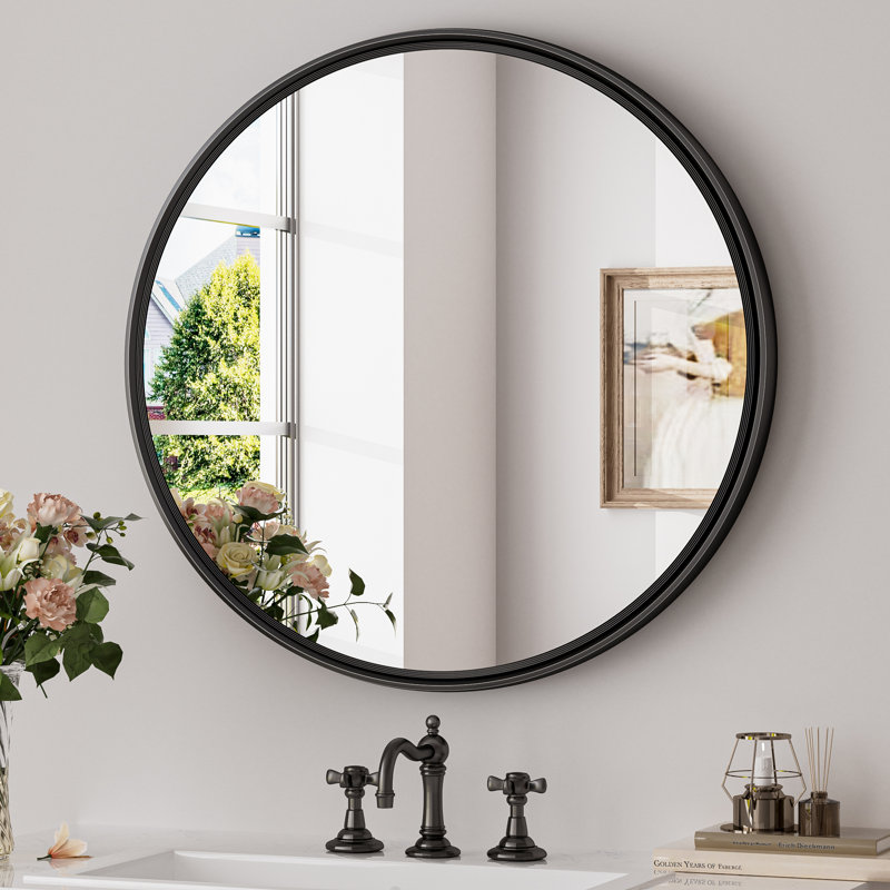 Evangelista Aluminum Alloy Framed Tempered Glass Round Wall Mirror, Matte Black, 28" x 28"