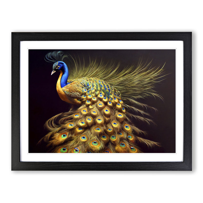 Illuminated Peacock - Single Picture Frame Painting, 46cm H x 64cm W x 2cm D, Black