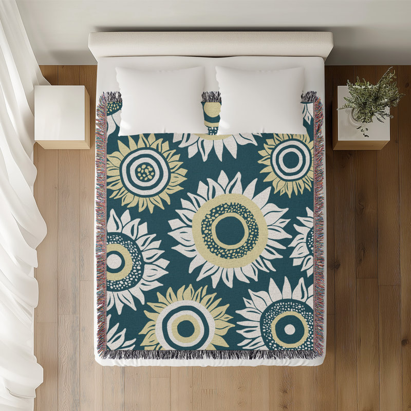 Jeté en coton Frannie Sunflowers, Bleu sarcelle, 60 x 60